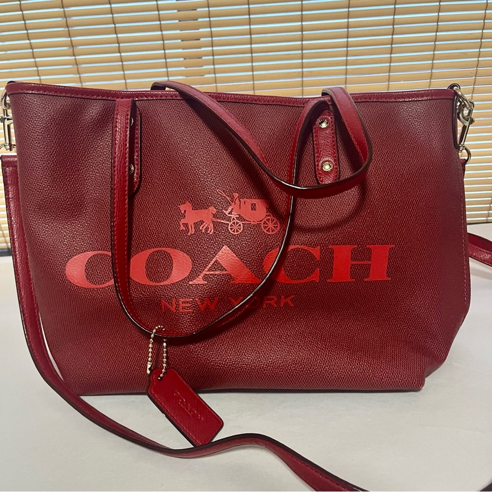 Coach Red Leather Tote Handbag J1557